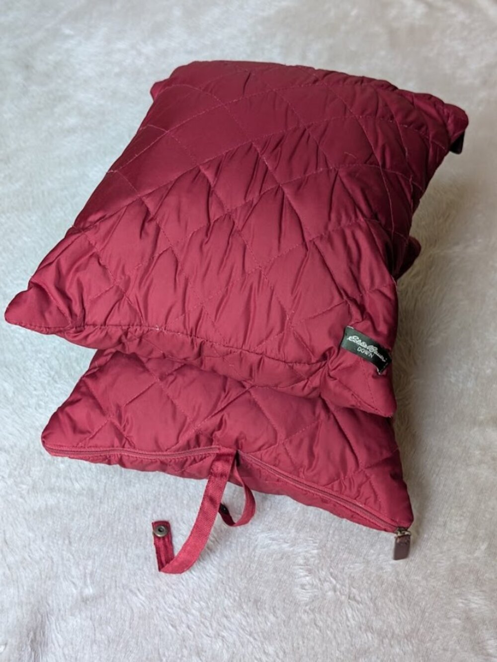 Each- Eddie Bauer Down Filled Throw Blanket Quilted Red Sherpa with Case